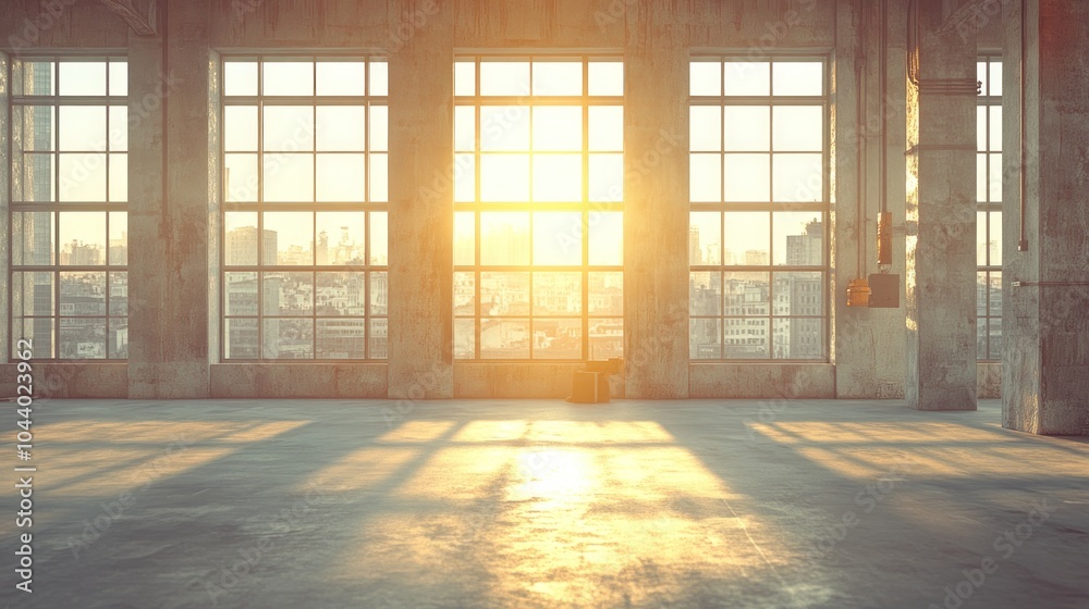 Large windows in a warehouse with a city skyline view at sunset. Large windows in a warehouse with a city skyline view at sunset.