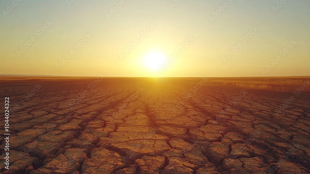 Fototapeta premium A stunning sunset casts golden light over a parched and barren landscape with cracked soil