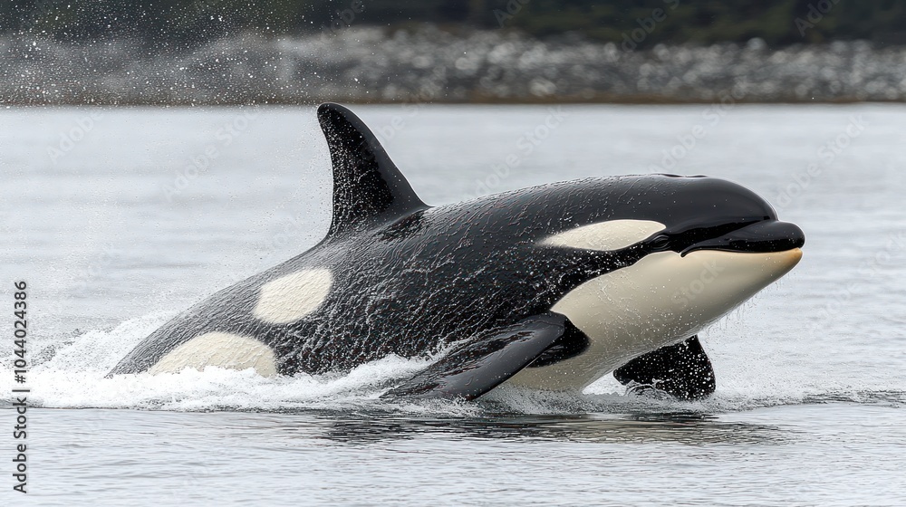Obraz premium Orca breaching the water's surface in a natural habitat.