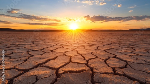 A breathtaking sunset illuminates a barren landscape with cracked and dry earth