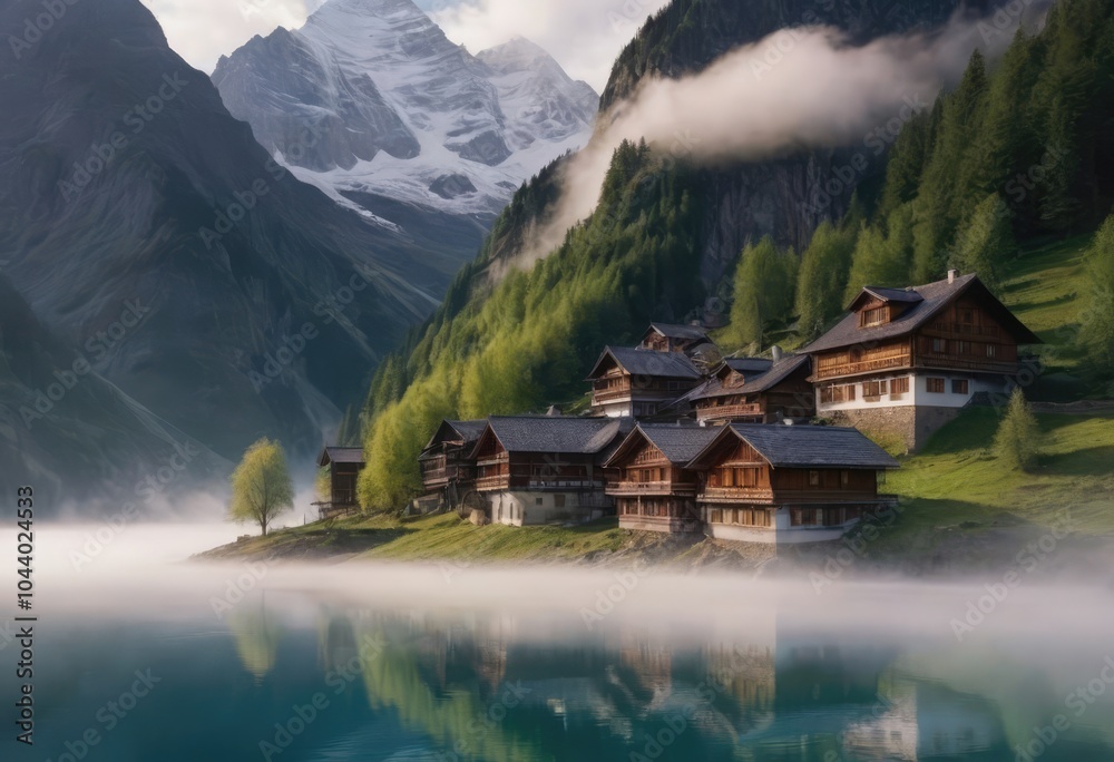 Fototapeta premium A small mountain village with mountains in the background