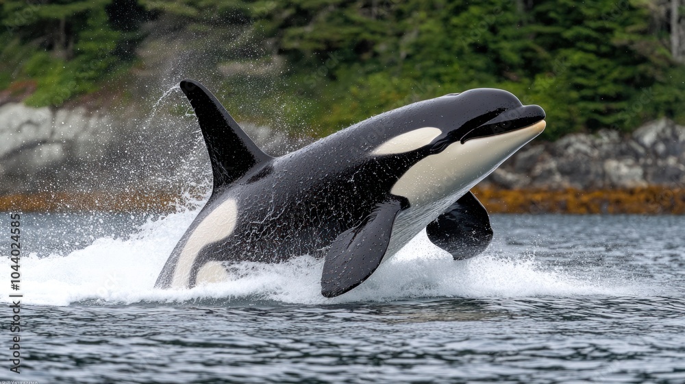 Obraz premium Orca breaching the water, showcasing its power and grace.
