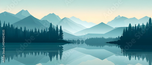 A flat vector illustration depicting the silhouette of mountains and forests, with a lake in front of them, a light blue sky with a touch of fog at sunrise.