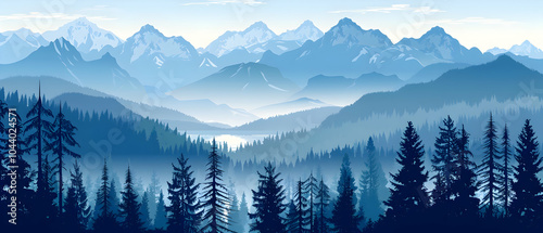 ector illustration of a panoramic view of a forest and mountains with a lake, in a flat, minimalistic style with blue-grey colors.