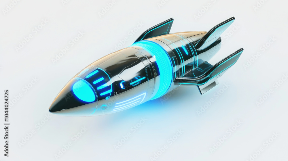 Futuristic toy rocket model with sleek metallic design and neon blue accents against a clean white background Futuristic toy rocket model with sleek metallic design and neon blue accents against a clean white background