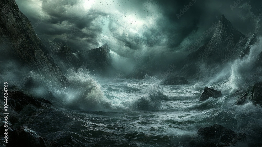 Fototapeta premium Massive waves crash violently against the jagged rocks amid an approaching hurricane