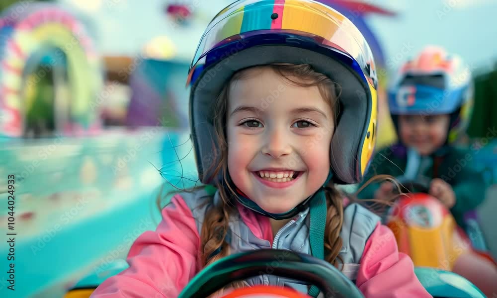 Delighted child enjoys go-karting at amusement park on sunny afternoon