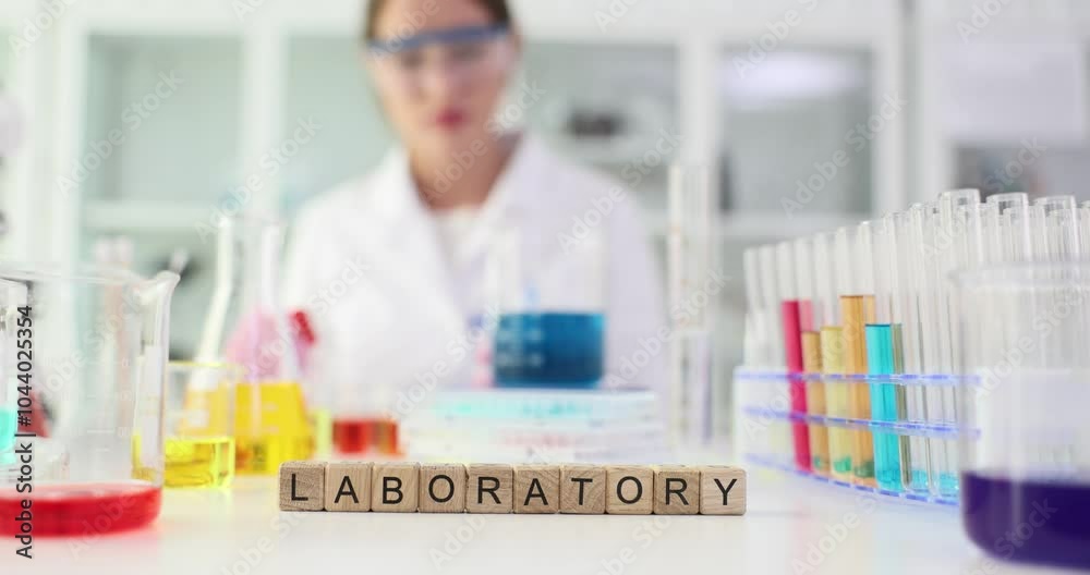 Word Laboratory of wooden cubes against working scientist conducting experiments at desk. Test tubes beakers and scientific instruments in lab Word Laboratory of wooden cubes against working scientist conducting experiments at desk. Test tubes beakers and scientific instruments in lab