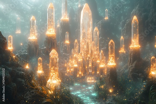 Enchanted crystal forest: luminous landscape with glowing crystals in magical underwater realm photo