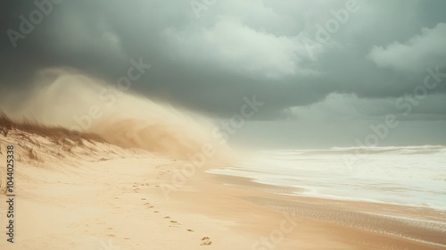 Strong winds whip up sand on the beach dark clouds loom ominously overhead during the cyclone