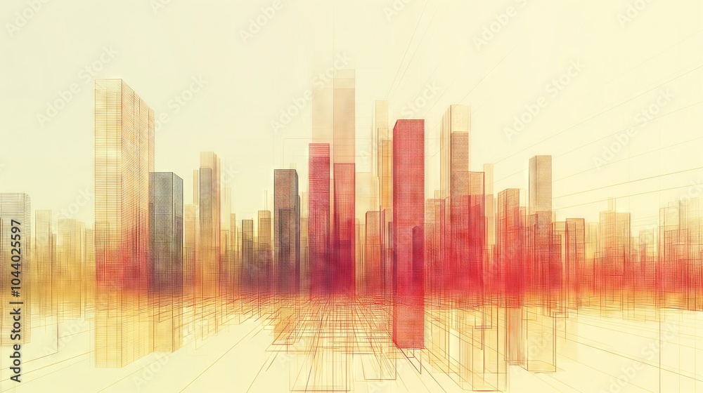 Futuristic abstract skyline with digital grid lines in warm tones for modern design Futuristic abstract skyline with digital grid lines in warm tones for modern design