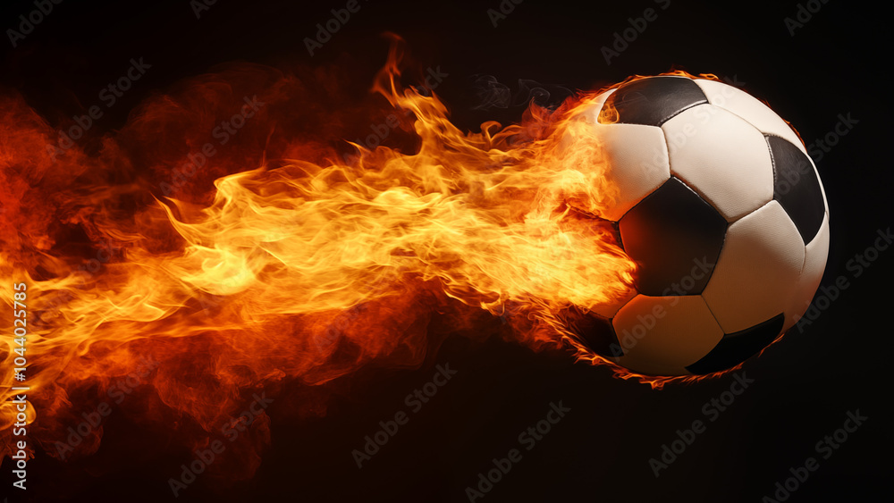 Fototapeta premium Soccer ball on fire with smoke, isolated black background. The soccer football is flying in the air and burning with flames. Concept of sport competition or festival celebration. 