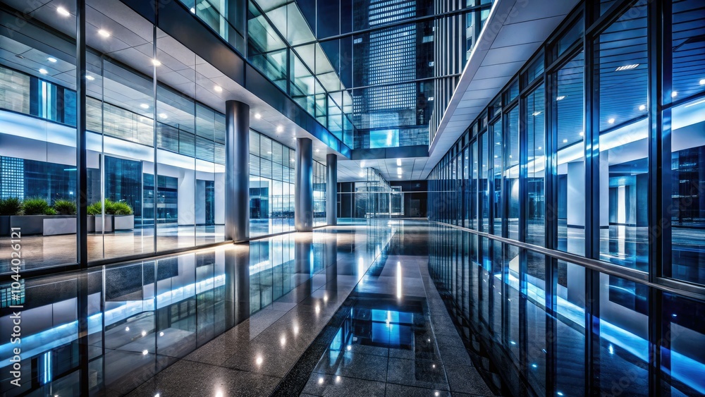 Obraz premium Modern Office Interior Night Photography with Glass Corridors and Reflective Floors