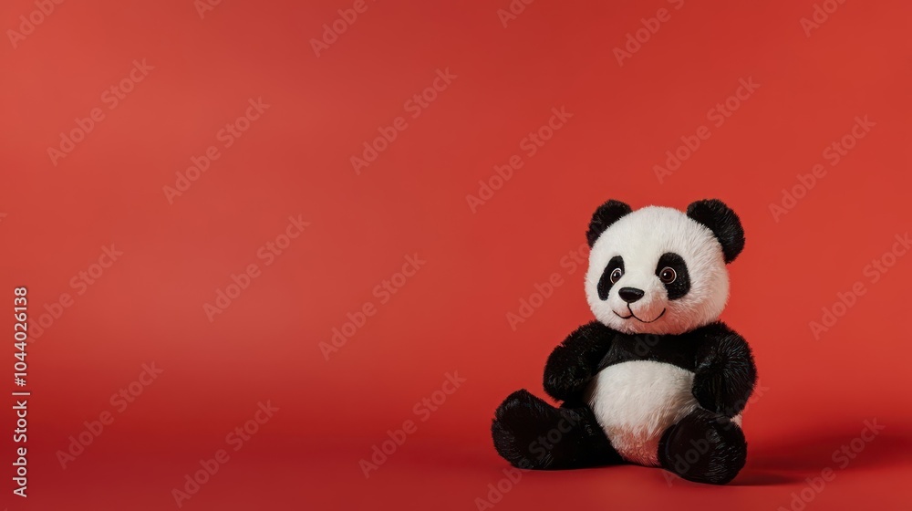 A panda plush toy on a warm red background A panda plush toy on a warm red background