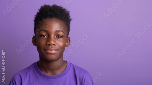 Portrait of a confident young boy in purple on a solid background for modern design
