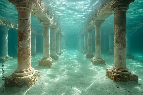 Submerged ancient ruins with sunlit columns in crystal clear water photo