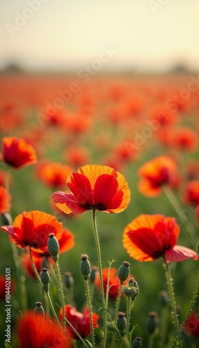 Close-up of red poppy flowers in a vibrant field during golden hour, basking in warm sunlight copy space
