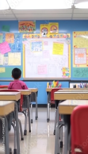 Empty Elementary School Classroom with Chairs, Desks and Whiteboard, Ready for Students