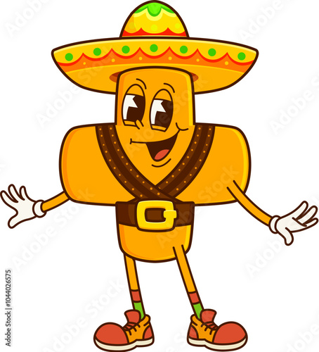 Cartoon groovy cowboy and bandit math plus sign character wearing a sombrero hat. Isolated vector playful whimsical mathematical addition symbol personage adds up equations in the wild west frontier