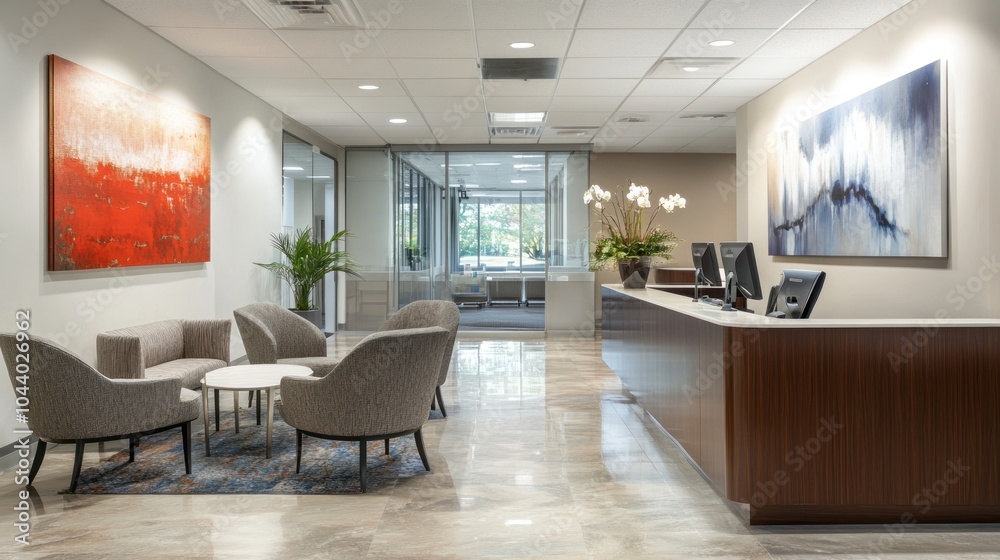 Fototapeta premium A modern office lobby with a reception desk, comfortable seating, and artwork on the walls.