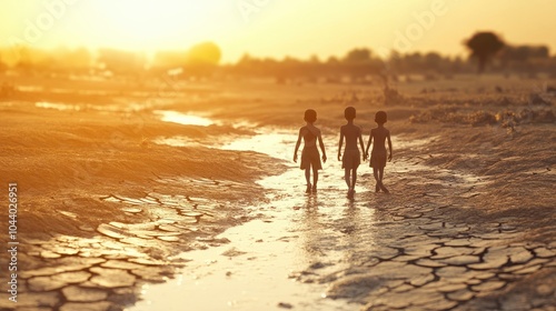 African children walk along a dry river bed. Environmental problem of climate change, global warming, drought, water shortage photo
