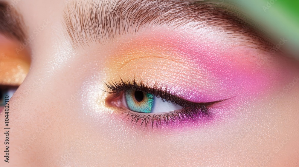 Obraz premium Close-up of a vibrant eye makeup with pink, orange, and yellow shades, highlighting blue eyes and perfectly arched eyebrows.