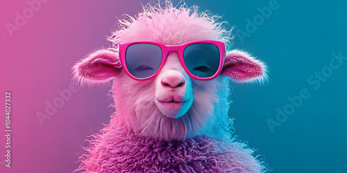 Banner with playful pink lamb wearing sunglasses vibrant colors and energy lively persona photo