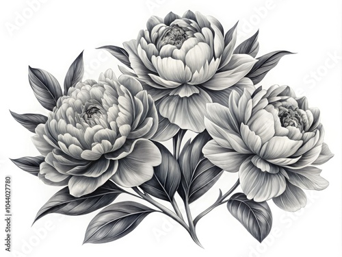 Monochrome Peonies: Isolated Black Stylized Flower  Set for Urban Exploration Photography