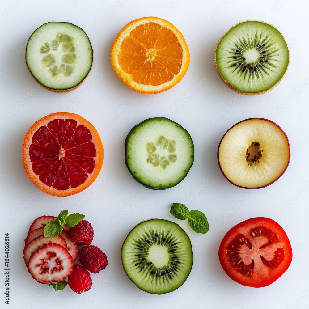 A Colorful Arrangement of Fruits and Vegetables, A Flat Lay Featuring Orange, Kiwi, Cucumber, Grapefruit, Apple, Tomato