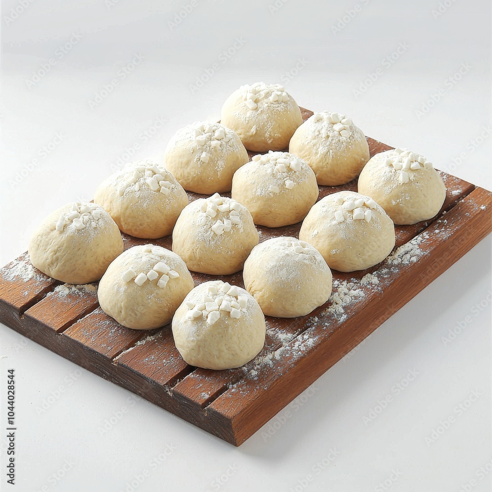 A Dozen Dough Balls Ready for Baking on a Wooden Board, Baking, Dough, Bread A Dozen Dough Balls Ready for Baking on a Wooden Board, Baking, Dough, Bread