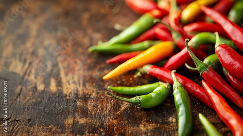 Colorful Chili Peppers on Rustic Wooden Surface