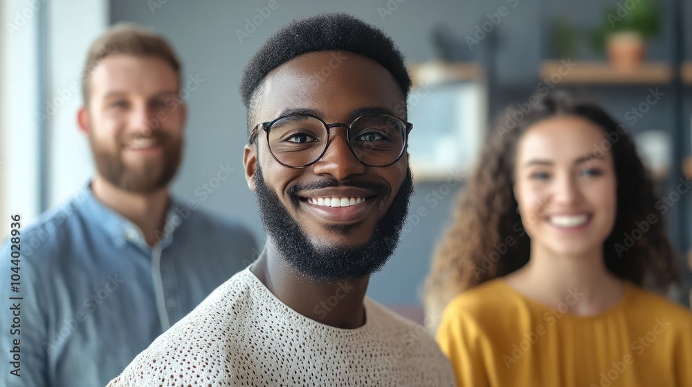Cheerful multiracial colleagues looking at camera in office