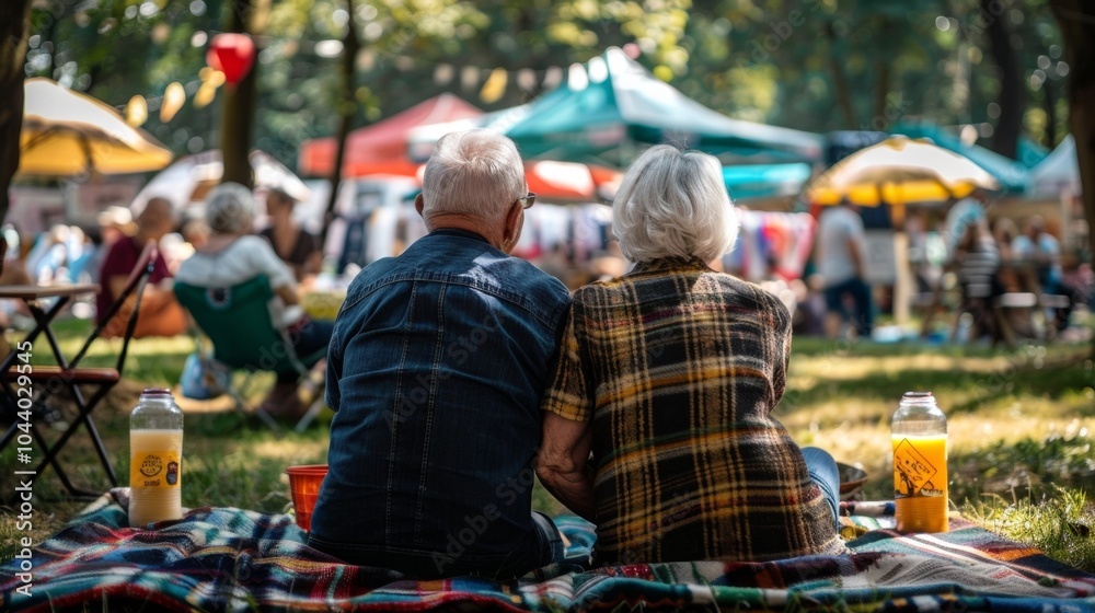 Obraz premium An elderly couple facing away from the camera immersed in conversation as they sit on a picnic blanket surrounded by colorful tents . .