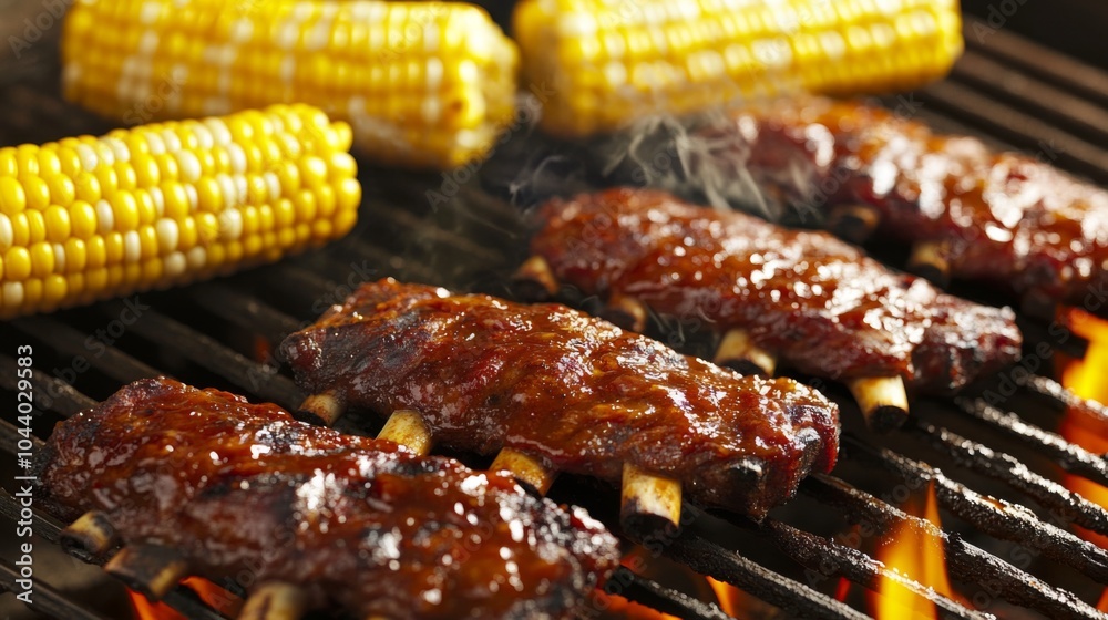 Grilled Ribs and Corn on the Cob Barbecue Scene Grilled Ribs and Corn on the Cob Barbecue Scene