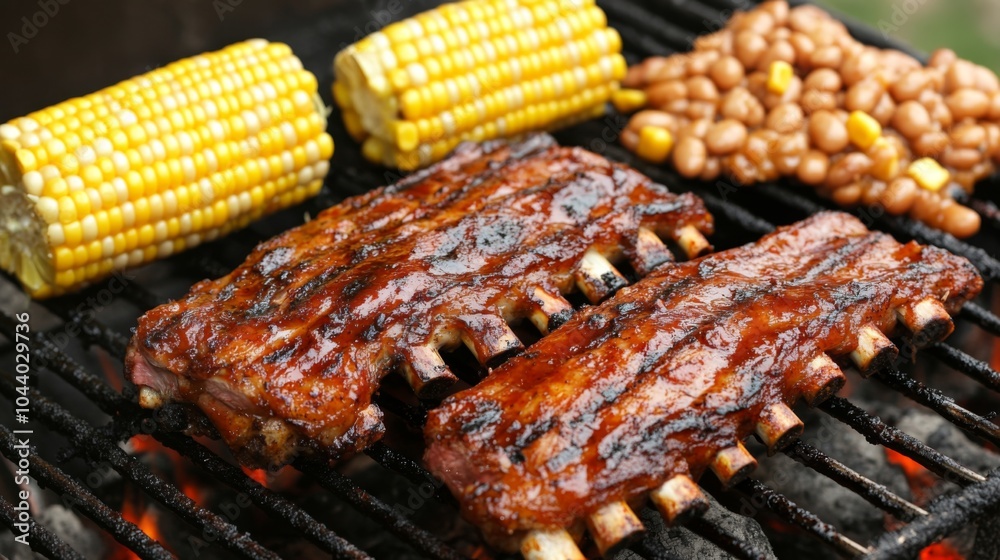 Grilled Ribs with Corn and Beans on Barbecue Grill Grilled Ribs with Corn and Beans on Barbecue Grill