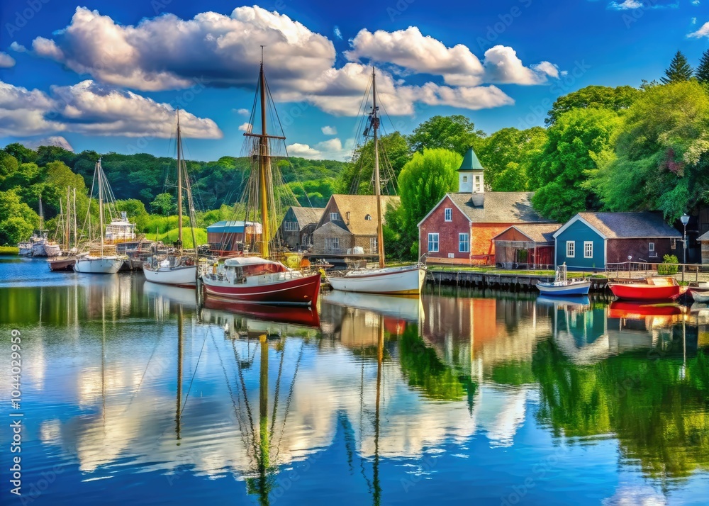 Fototapeta premium Mystic River Serenity: A Historic Summer in Connecticut's Mystic Seaport