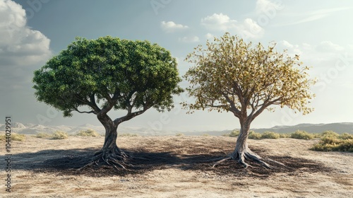 concept drought, climate change. tree before and after drought. ecology, environment, environmental protection photo