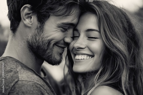 Young man and woman resting their heads together, looking peaceful and content