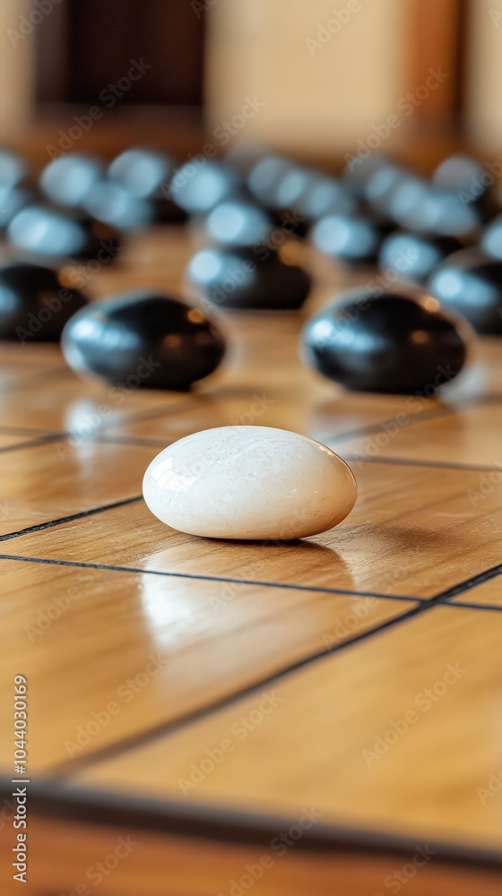 Close-up of a single white go stone on wooden board. Close-up of a single white go stone on wooden board.