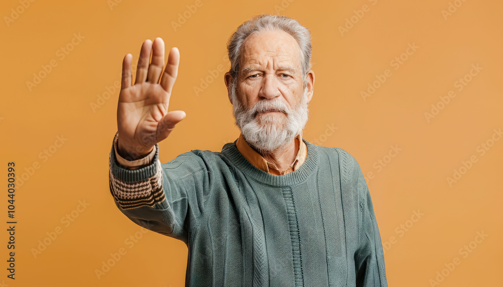 Man with a beard and gray hair is waving his hand in the air. He is wearing a green sweater and a brown shirt Man with a beard and gray hair is waving his hand in the air. He is wearing a green sweater and a brown shirt