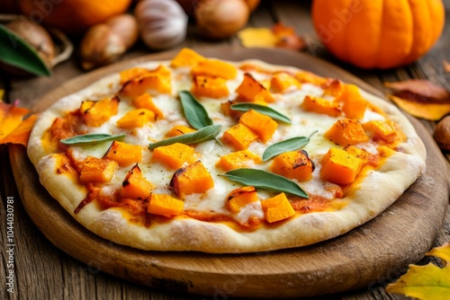 Autumn Harvest Pizza with Sage and Pumpkin on Rustic Wooden Board Surrounded by Seasonal Decor