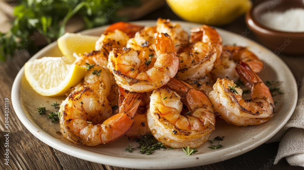 Grilled Shrimp with Lemon and Herbs on a Plate Grilled Shrimp with Lemon and Herbs on a Plate