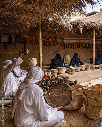 Men and women sitting on the ground selling hand-made baskets