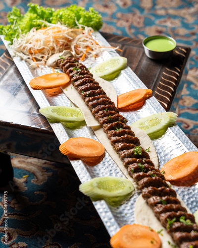 One meter kabab on a long tray beside vegetables and sauces photo