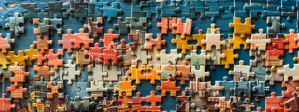 Fototapeta premium A vibrant and complex jigsaw puzzle featuring a colorful collage of urban buildings and landscapes, showcasing intricate details and a rich palette.
