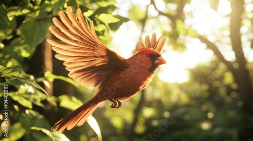 Vibrant Cardinal Bird in Flight Among Green Foliage