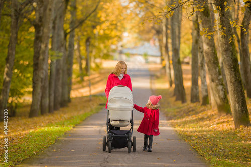 Young adult mother and little daughter in red coats pushing baby stroller and walking through alley of trees. Town park in colorful autumn day. Spending time together. Enjoying stroll. Two child mom. photo