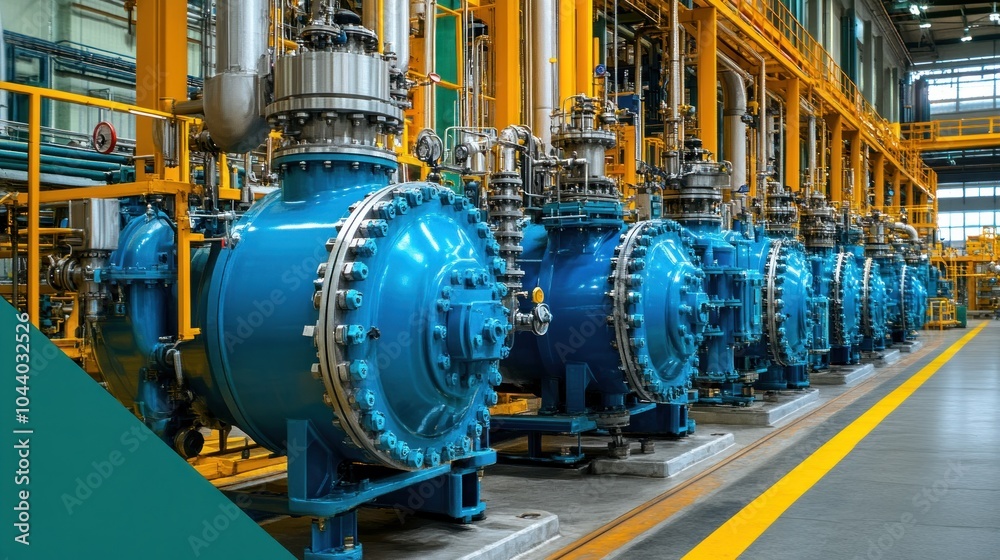 Row of large blue industrial machinery in a factory setting with yellow piping. Row of large blue industrial machinery in a factory setting with yellow piping.