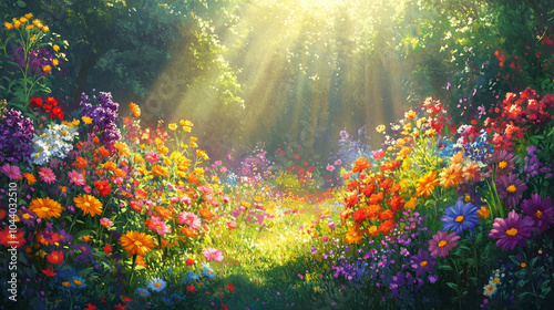 Enchanting garden scene filled with vibrant flowers and golden sunlight