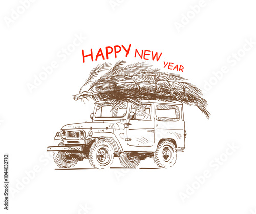 Off road car carries the Christmas tree and gifts. Happy New Year and Merry Christmas greeting card. Sticker design template. Vector art illustration.